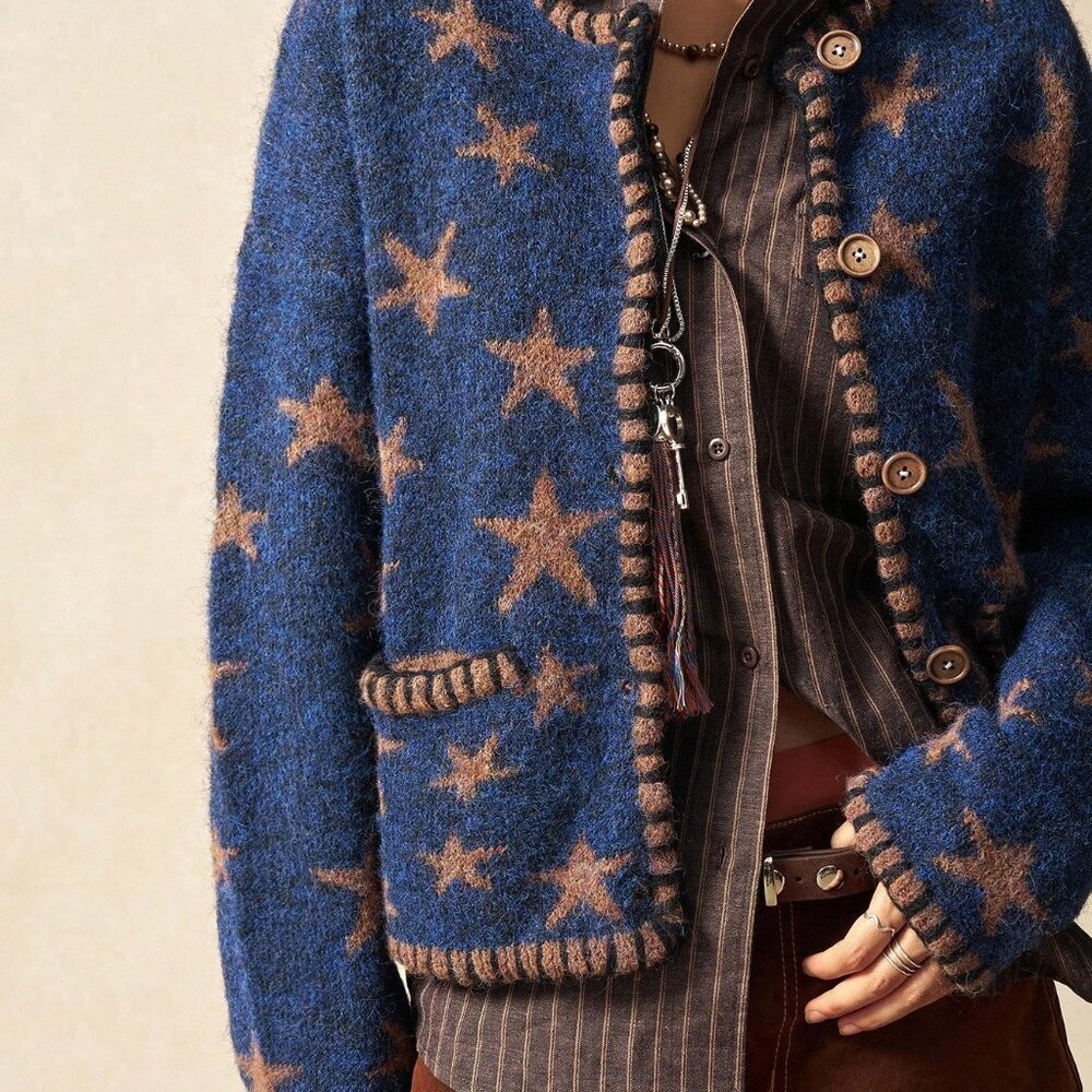Blue Boho Style Women's Star Jacquard Knit Cardigan - Picture 6 of 6